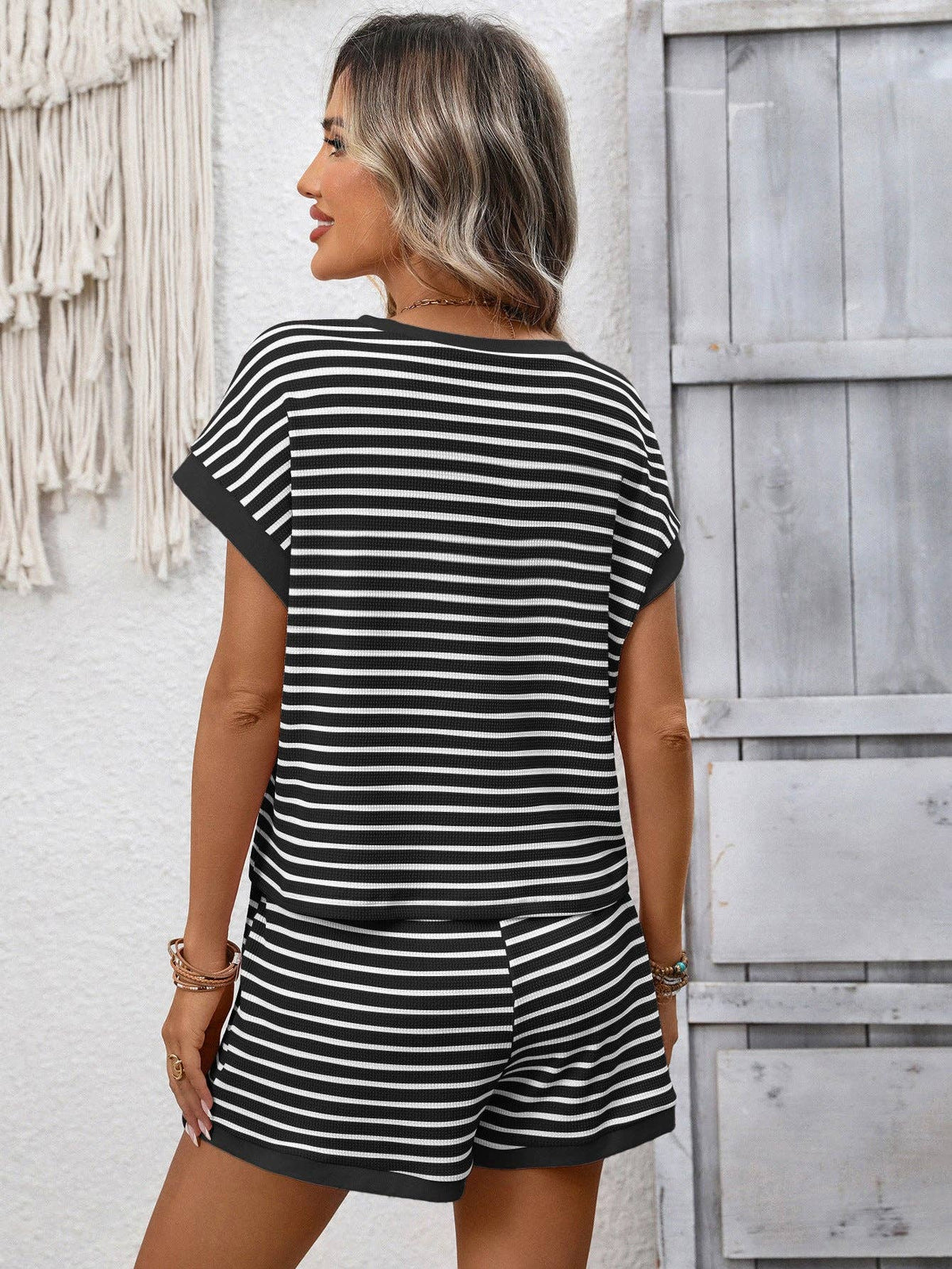 Striped Short Sleeve Top and Shorts Lounge Set