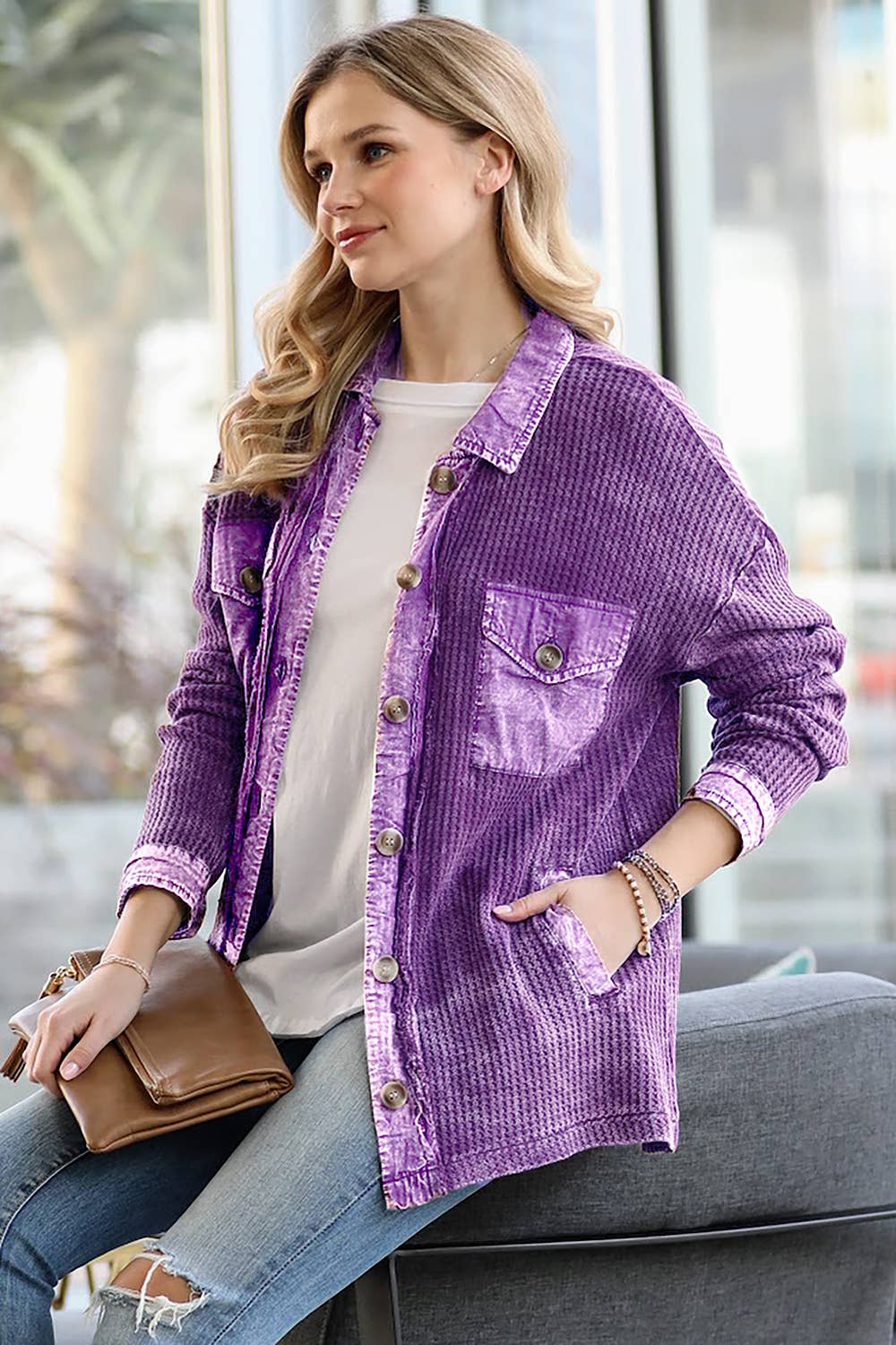 Cotton Waffle Washed Oversized Shacket
