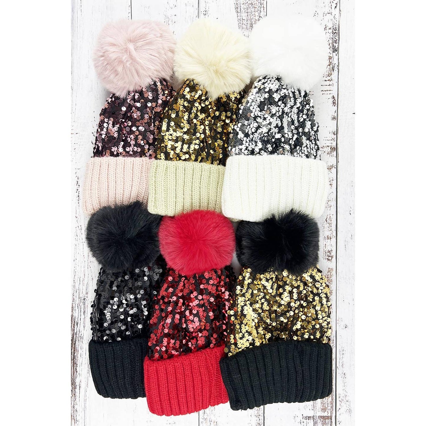COLORED SEQUIN POM POM BEANIE