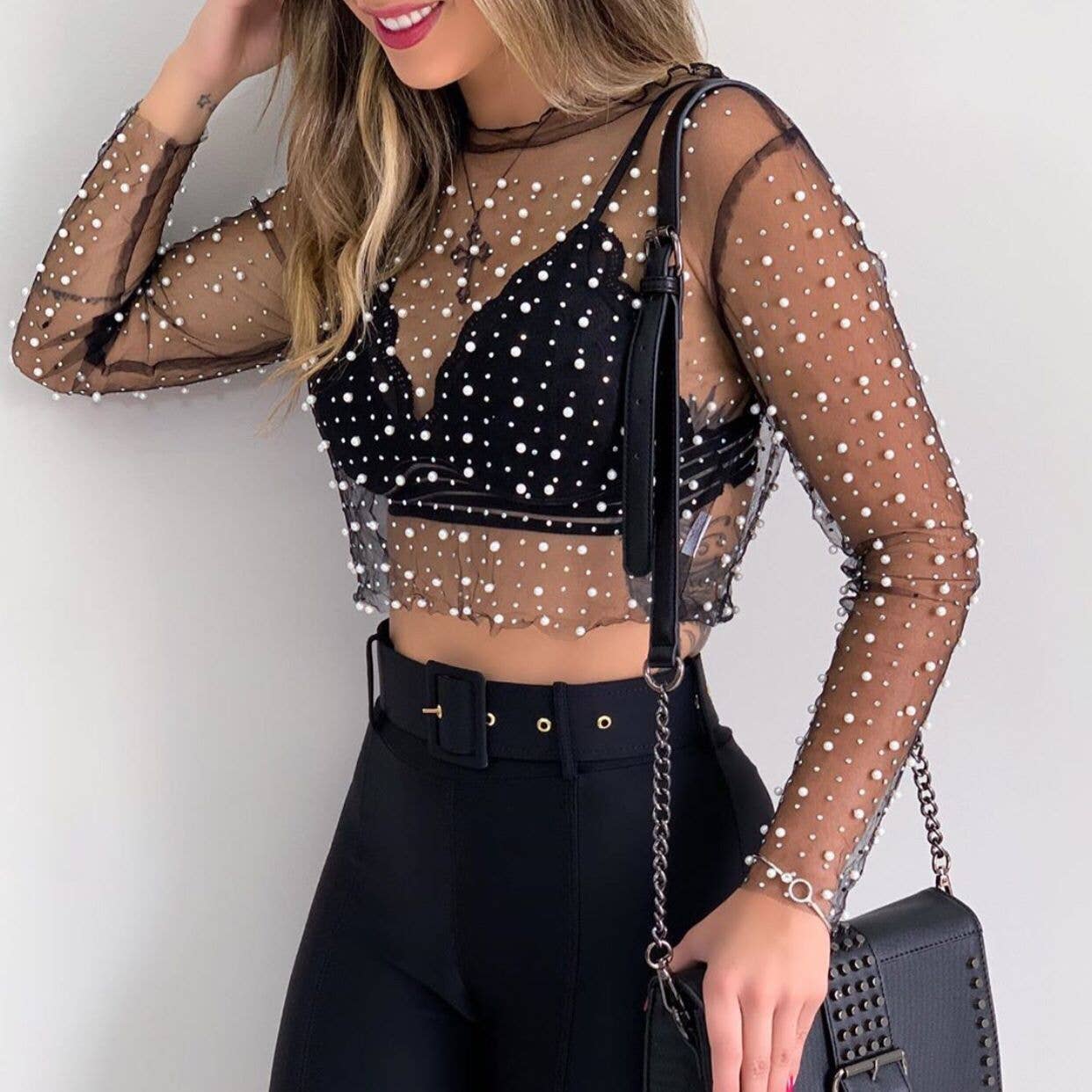 Pearl Rhinestone Studded See Through Mesh Crop Top