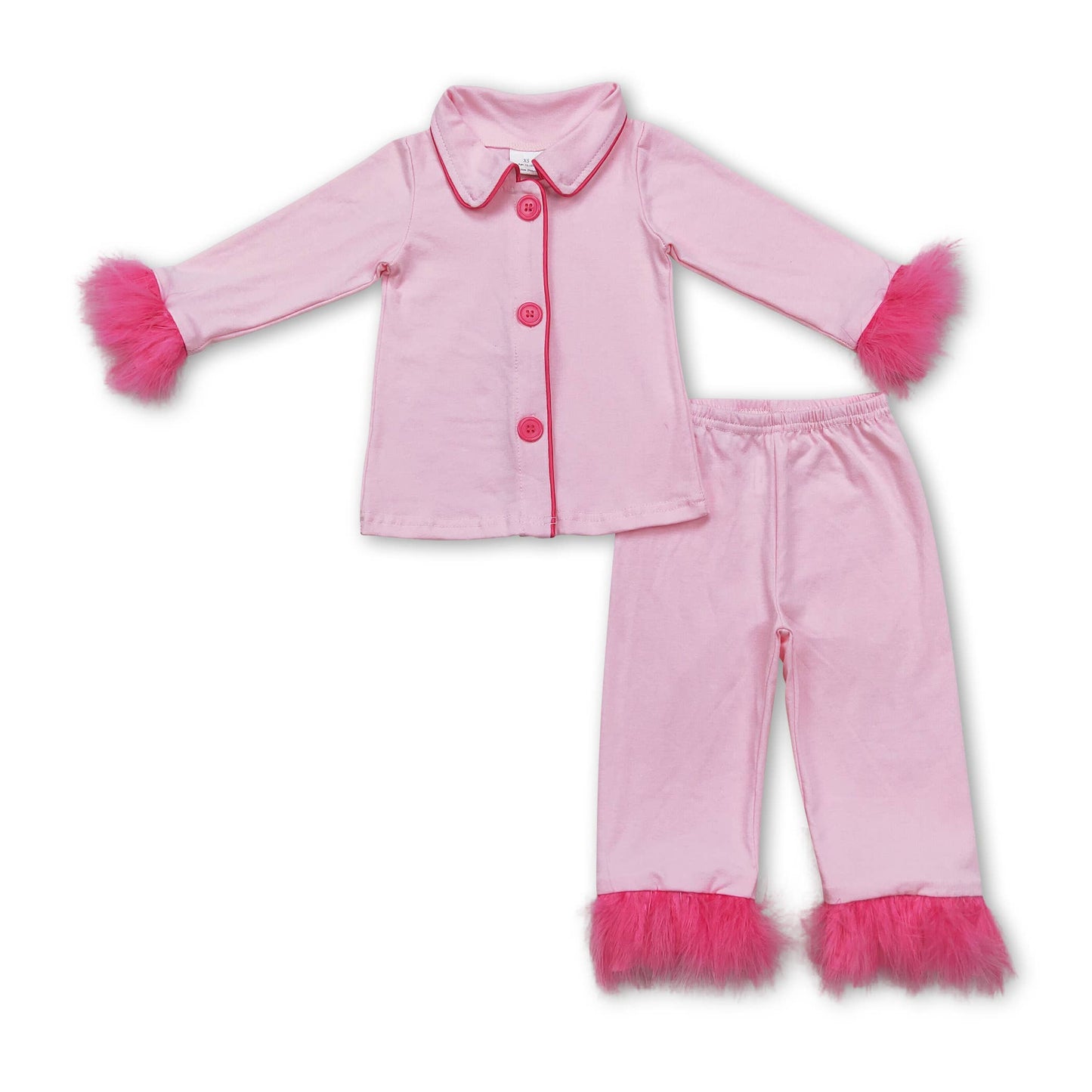 Hot pink plaid fur ruffle kids girls button down pajamas