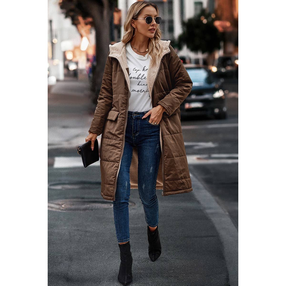 Thickened Fleece Lined Parka Padded Hood Coat