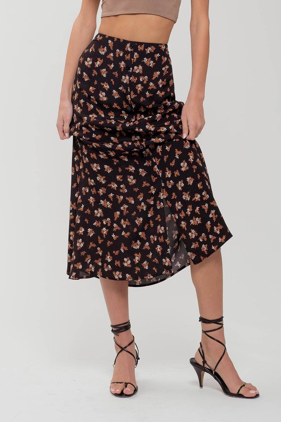 FLORAL BUTTON MIDI SKIRT