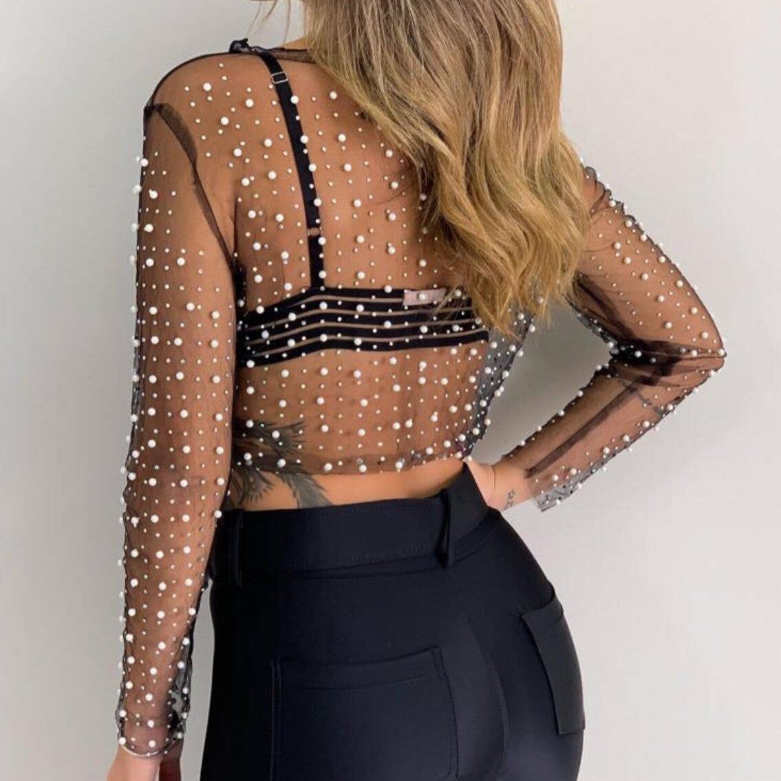 Pearl Rhinestone Studded See Through Mesh Crop Top