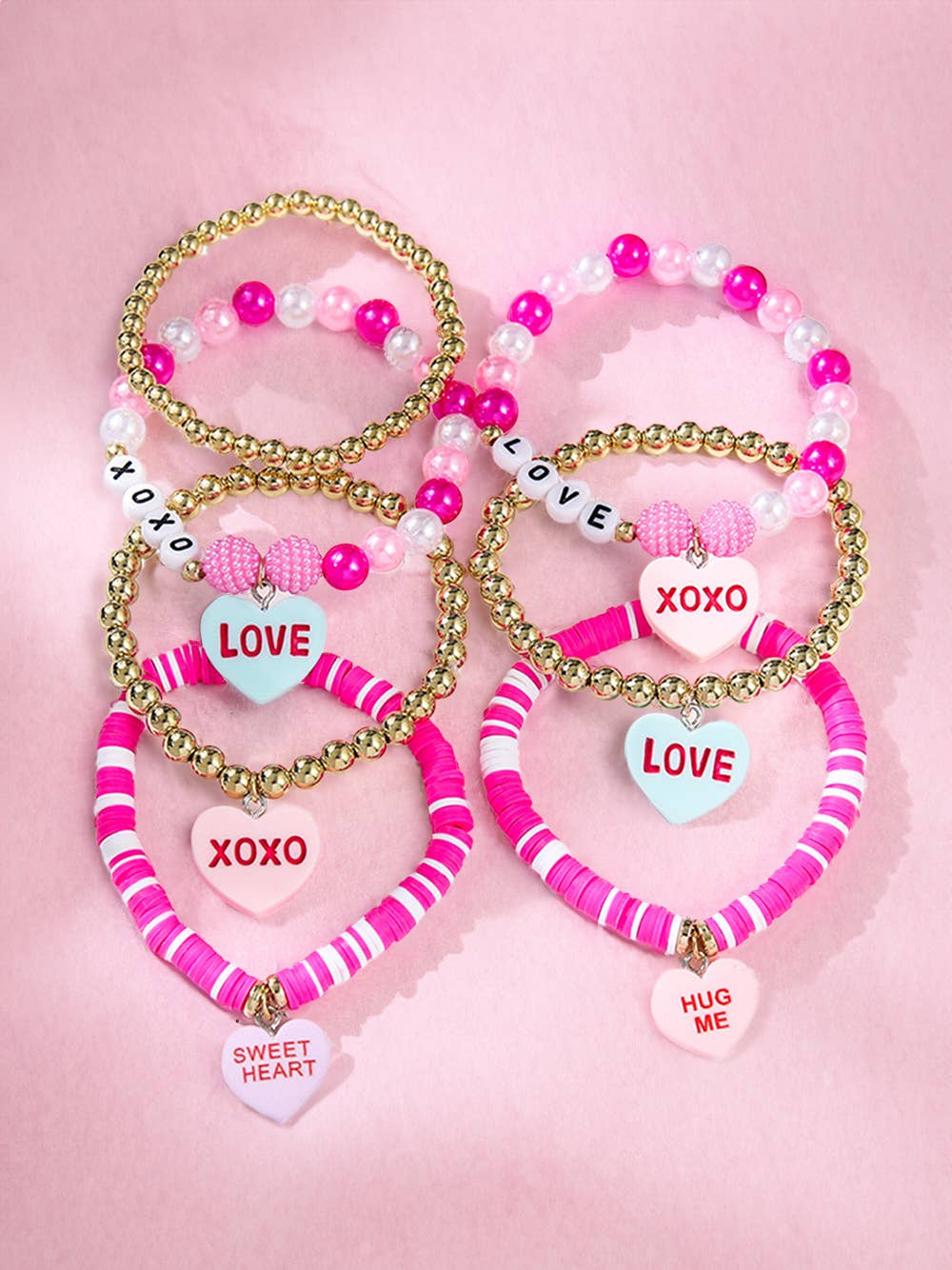 Valentine Heart Pendant Beaded Elastic Bracelet Set