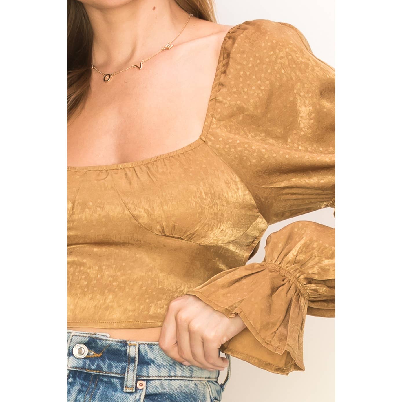 Off shoulder lace up back puff sleeve crop
