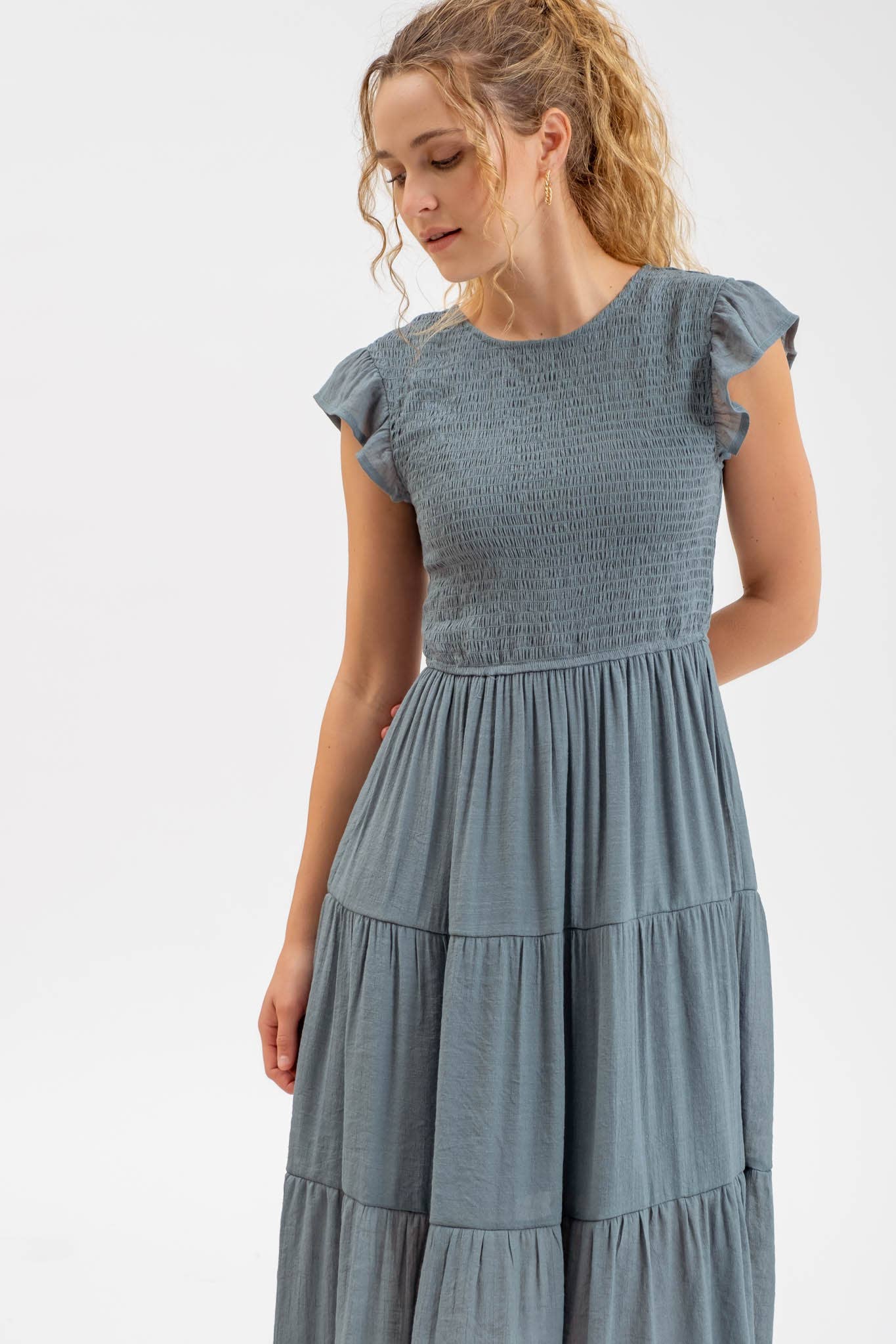 SMOCKED MIDI DRESS