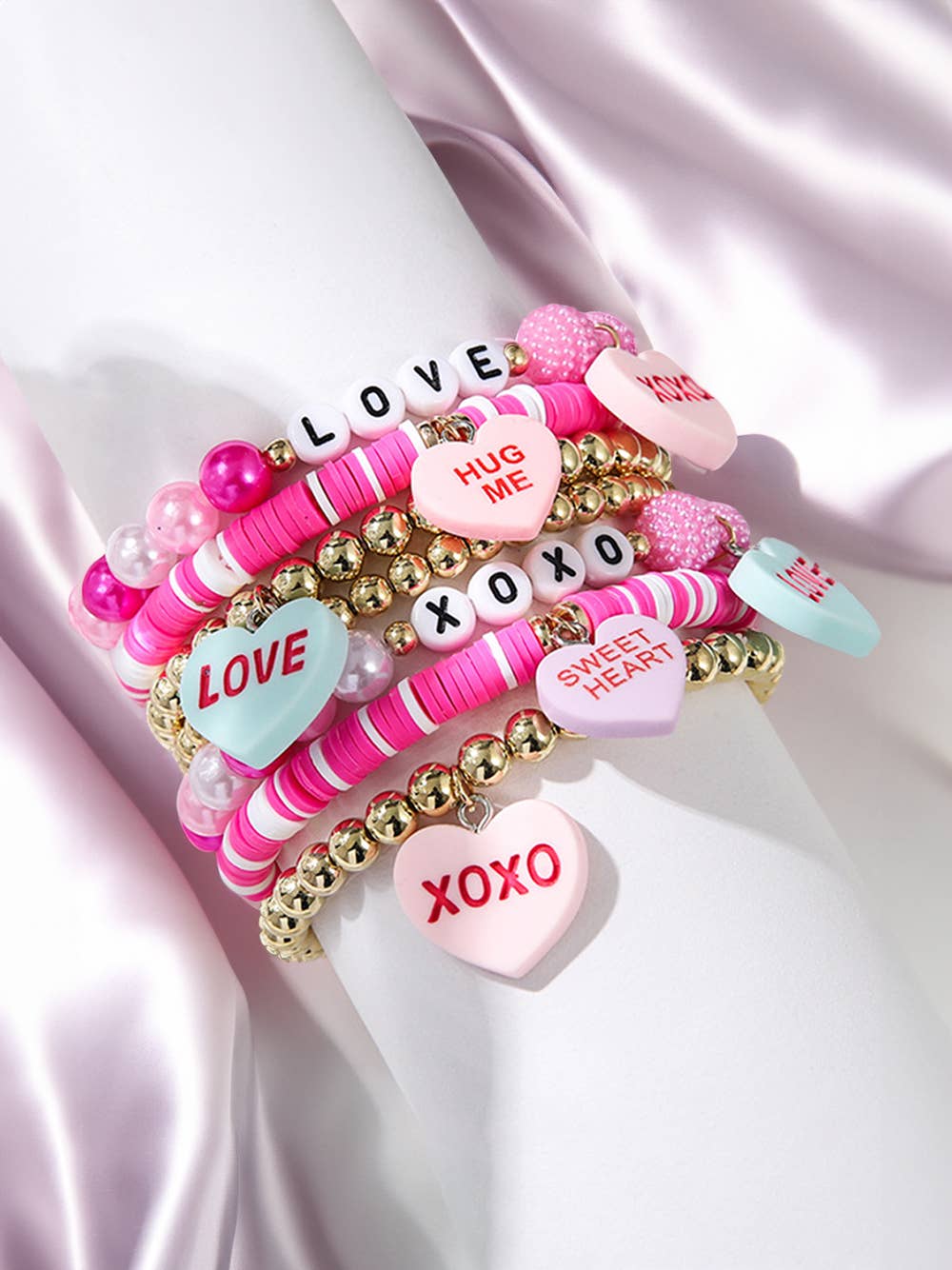 Valentine Heart Pendant Beaded Elastic Bracelet Set