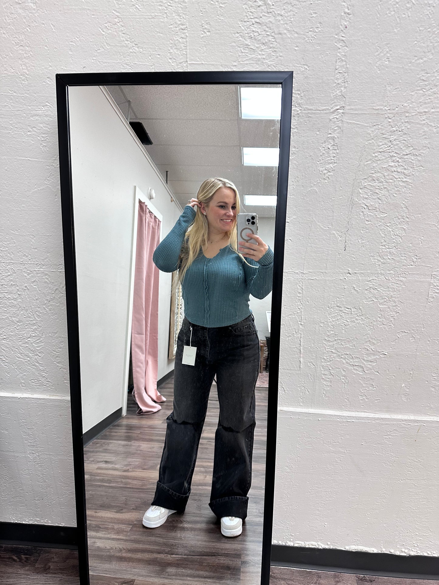 Teal waffle long sleeve