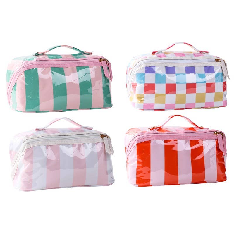 CHECKER STRIPED OPEN FLAT COSMETIC MAKEUP POUCH