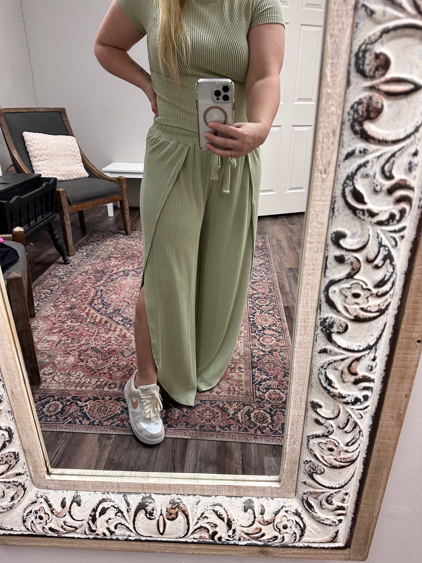 Sage Green Top & Open Leg Pant set