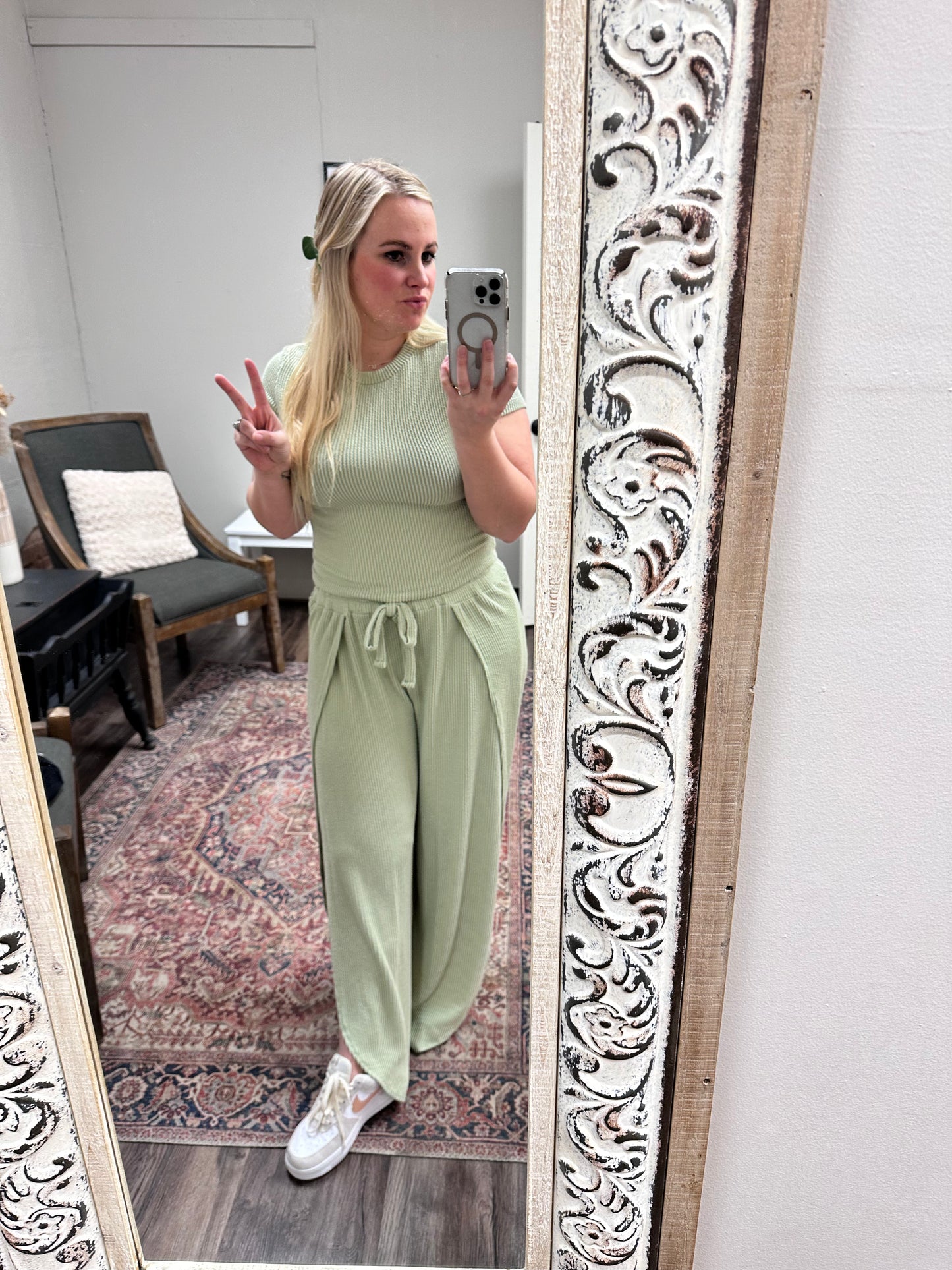 Sage Green Top & Open Leg Pant set