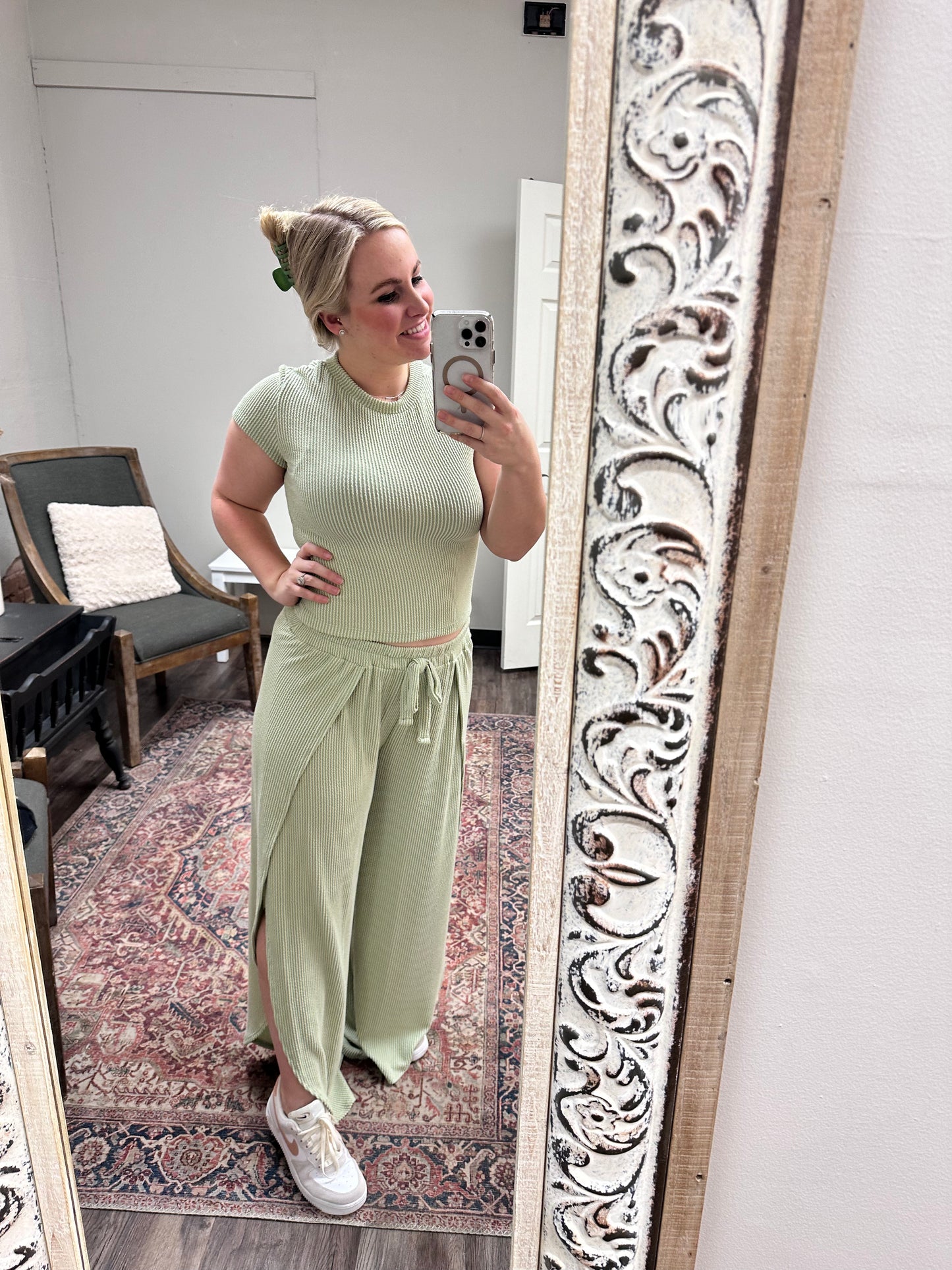 Sage Green Top & Open Leg Pant set