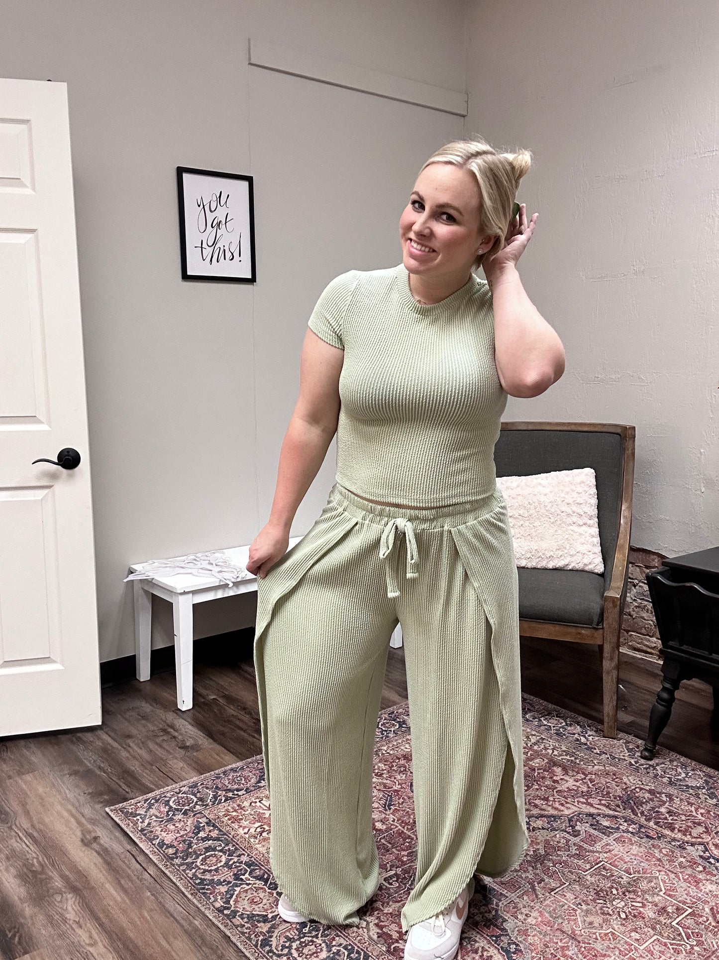 Sage Green Top & Open Leg Pant set