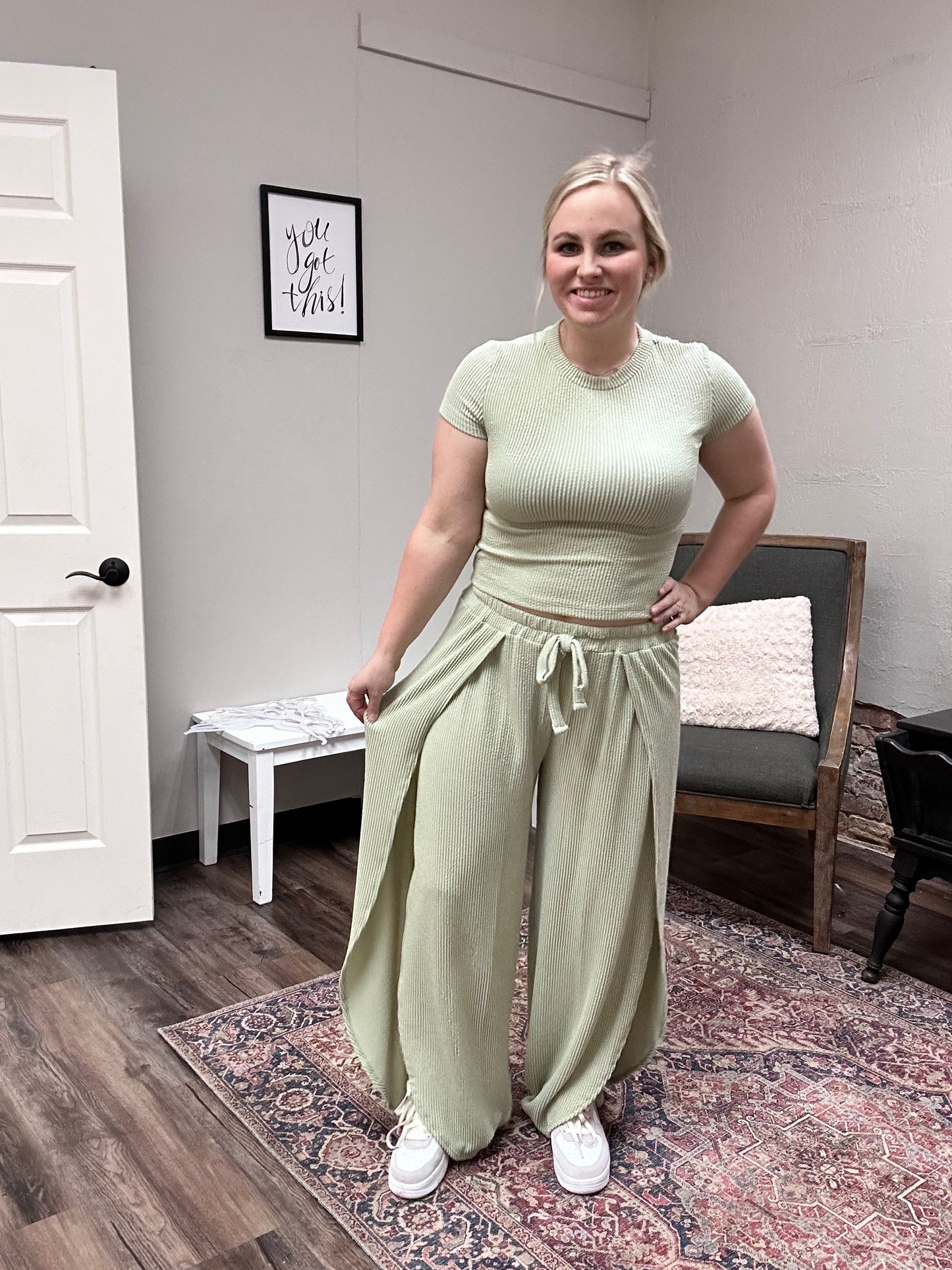 Sage Green Top & Open Leg Pant set