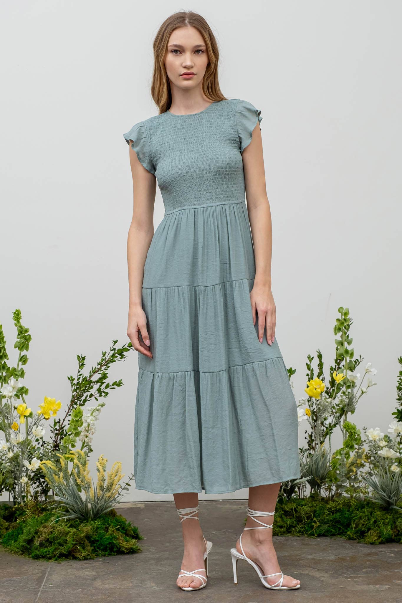 SMOCKED MIDI DRESS