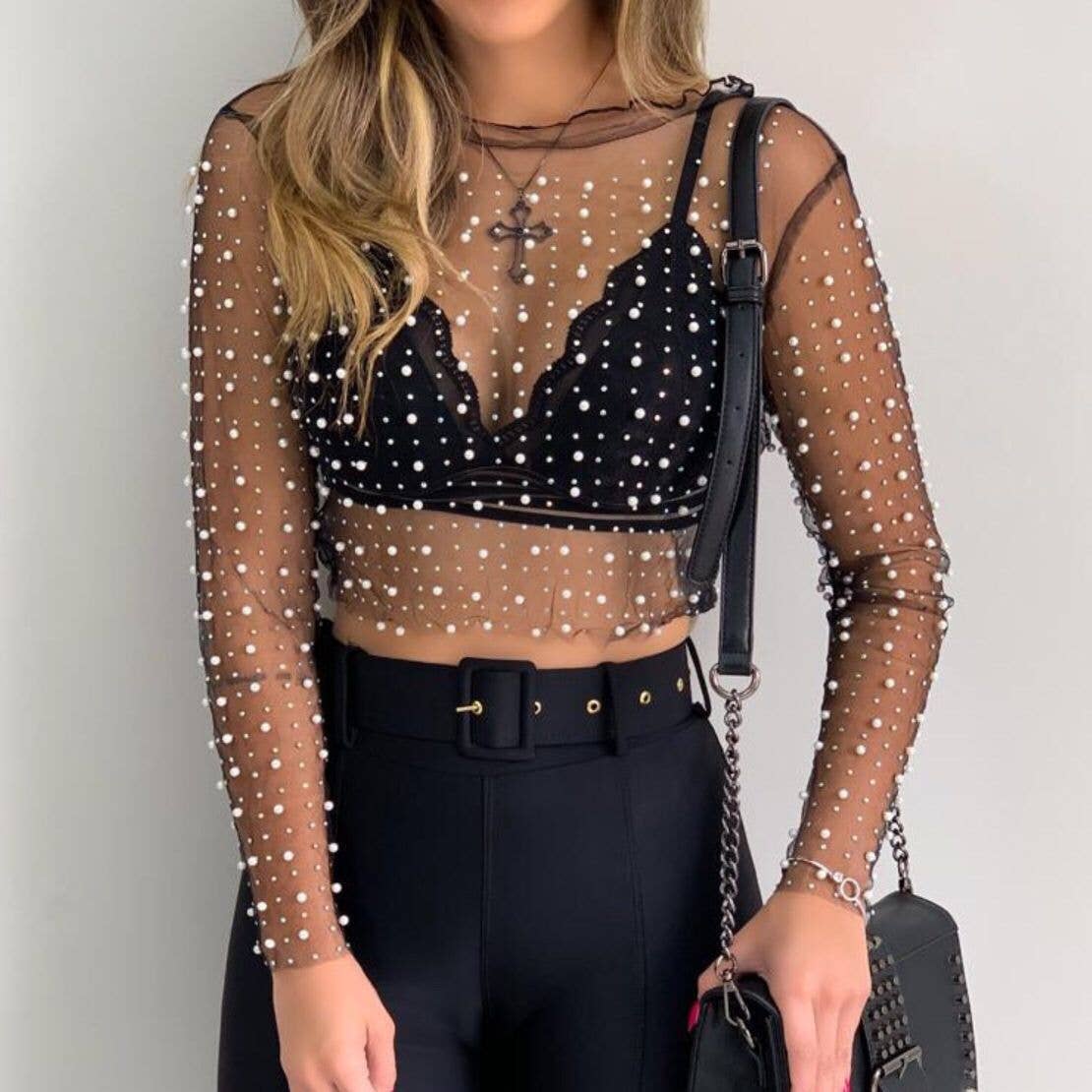 Pearl Rhinestone Studded See Through Mesh Crop Top