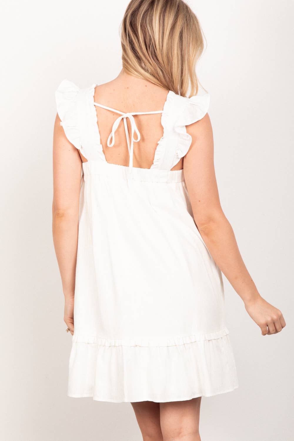 Ruffled Solid Linen Backless Mini Dress