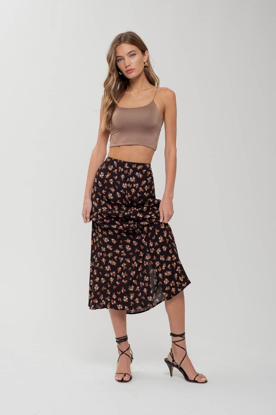 FLORAL BUTTON MIDI SKIRT