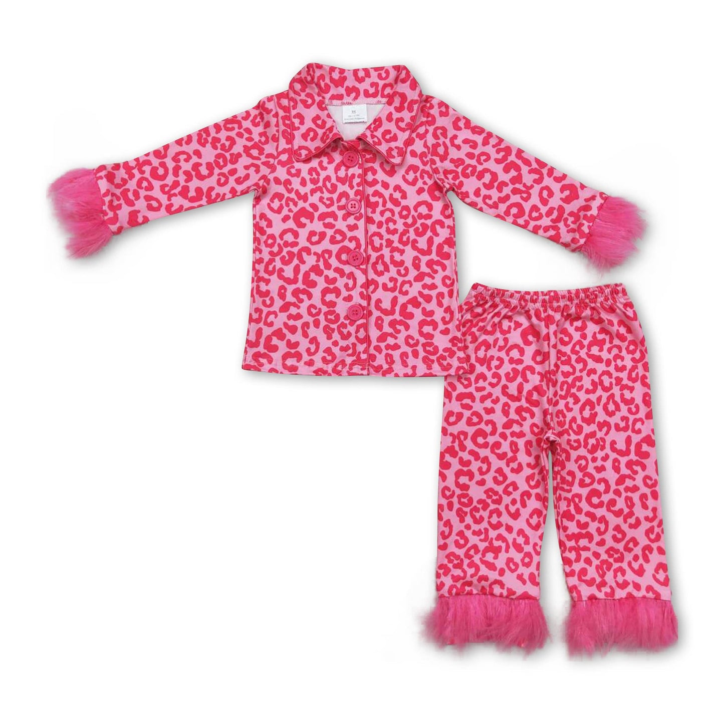 Hot pink plaid fur ruffle kids girls button down pajamas