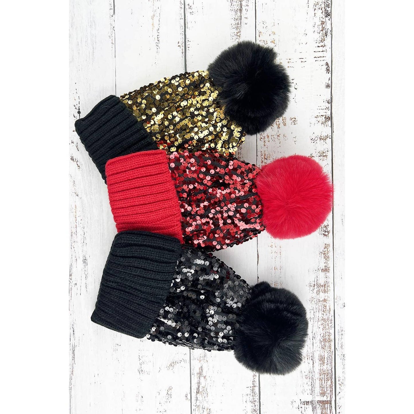 COLORED SEQUIN POM POM BEANIE