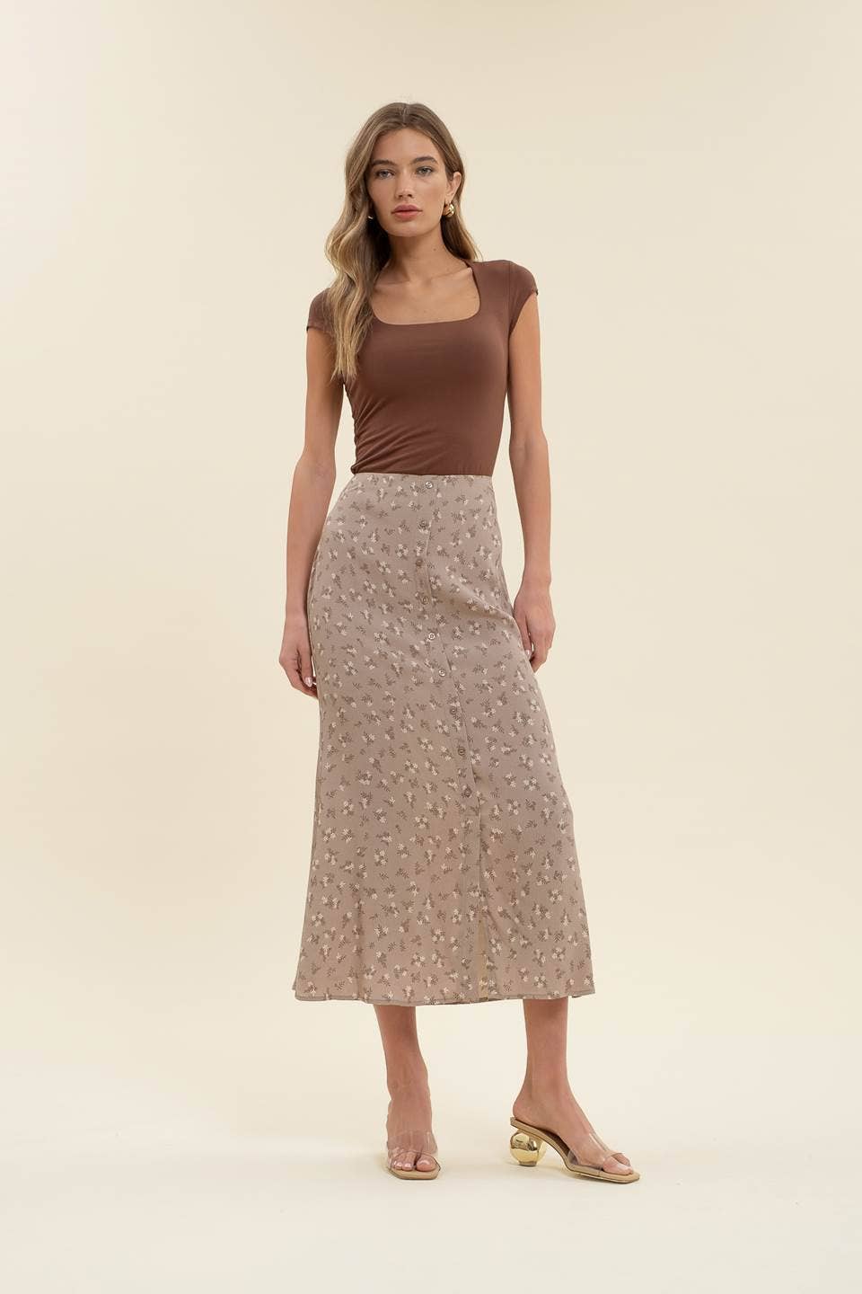 FLORAL BUTTON MIDI SKIRT