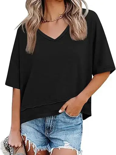 Loose Fit V Neck Short Sleeve Casual Tee