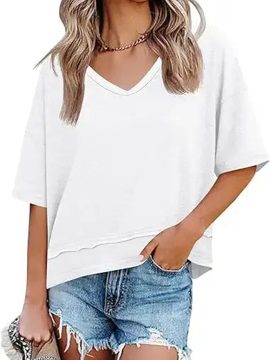 Loose Fit V Neck Short Sleeve Casual Tee