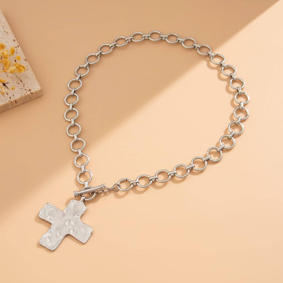 Large HAMMERED CROSS FRONT TOGGLE NECKLACE