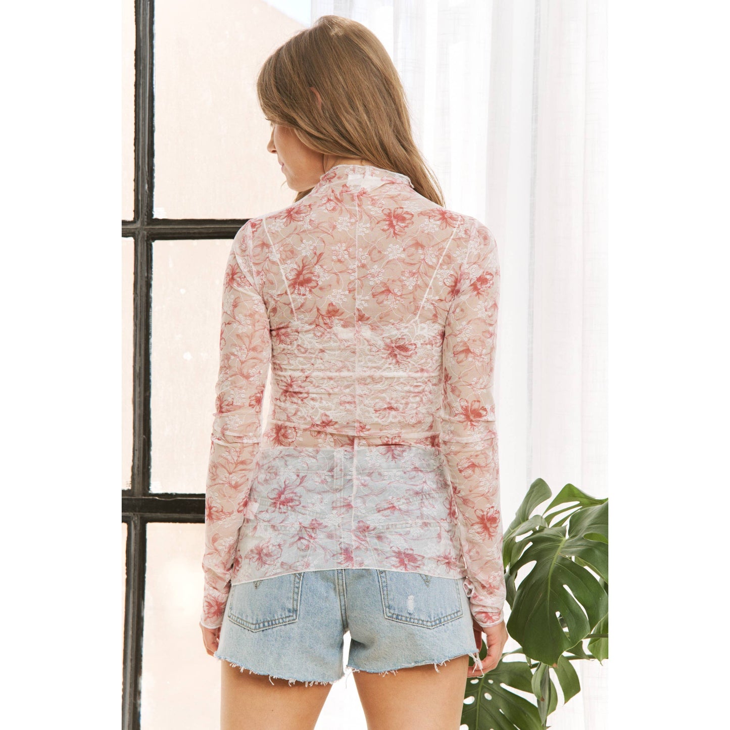CUTE MESH FLORAL PRINT HIGH NECK DESIGN LONG SLEEVE FITTED