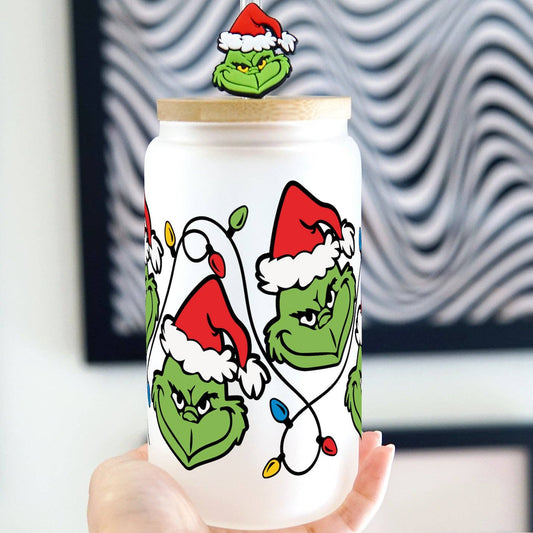 Grinch Inspired Christmas Lights 16oz  Glass Can Cup with Lid and Straw