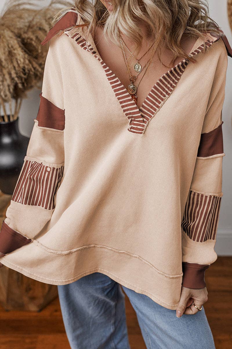 Striped Patchwork V-Neck Pullover