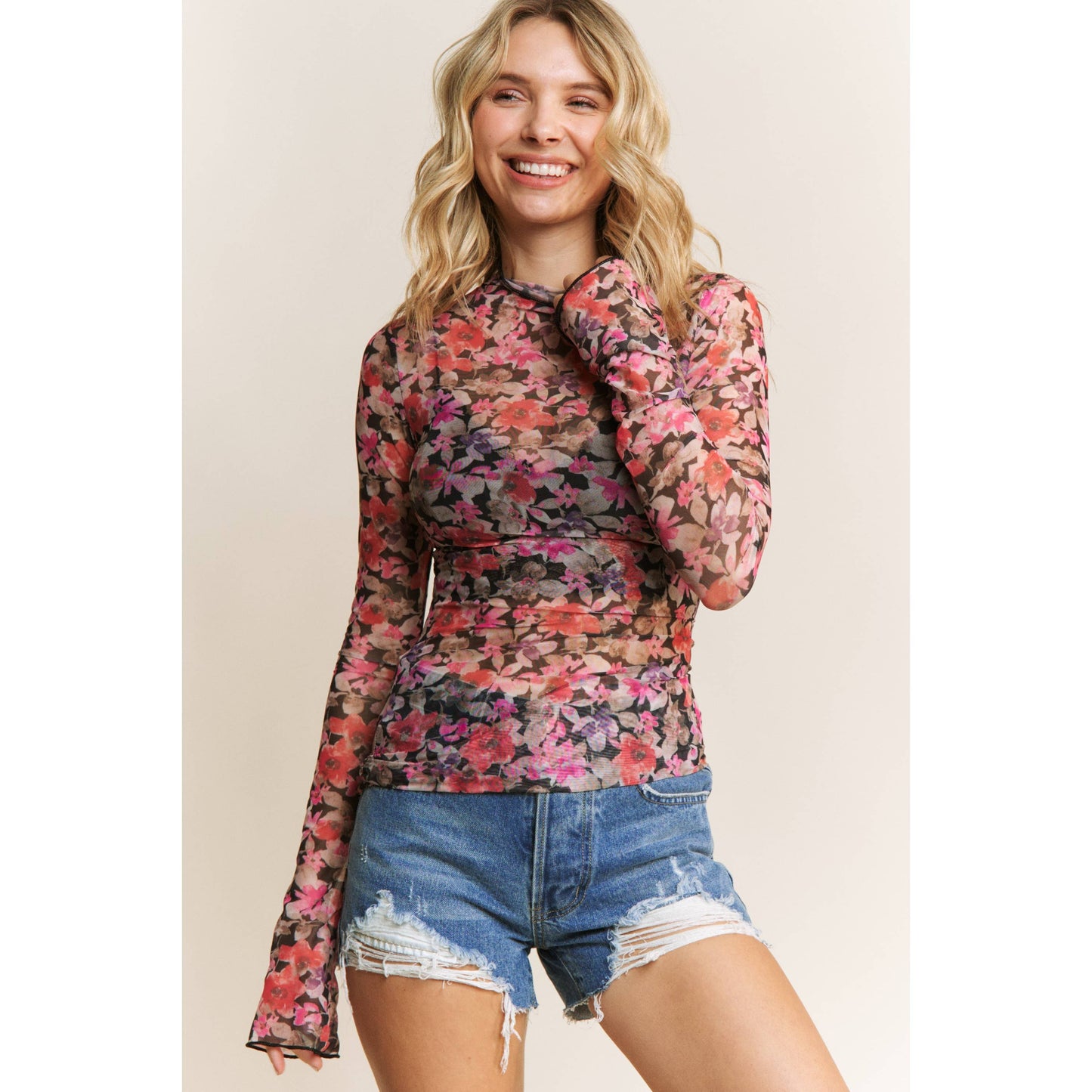 CUTE FLORAL PRINT MESH TOP