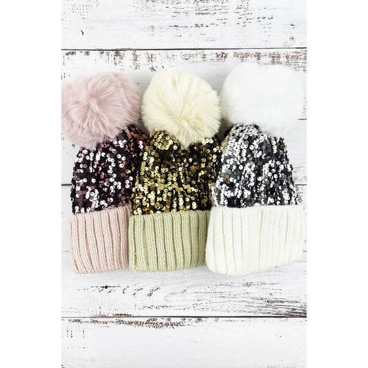 COLORED SEQUIN POM POM BEANIE