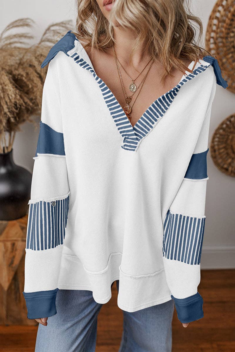 Striped Patchwork V-Neck Pullover