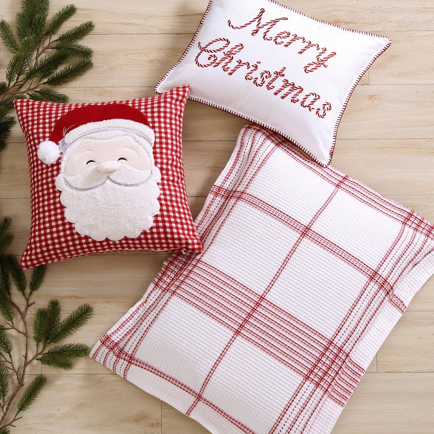 Peppermint Plaid Santa Applique Throw Pillow