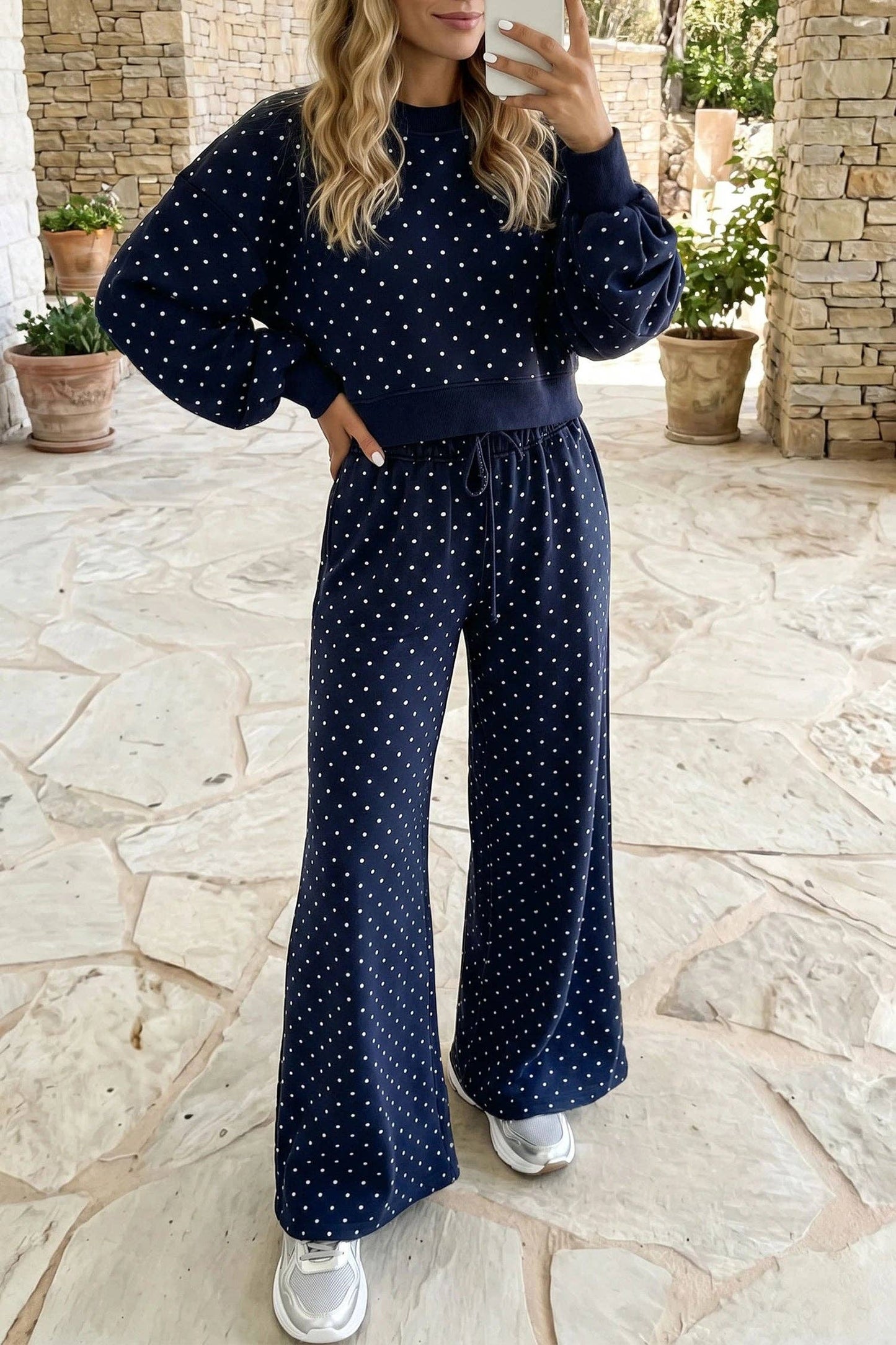 Polka Dot Drawstring Wide Leg Long Sleeve Top Pant Set