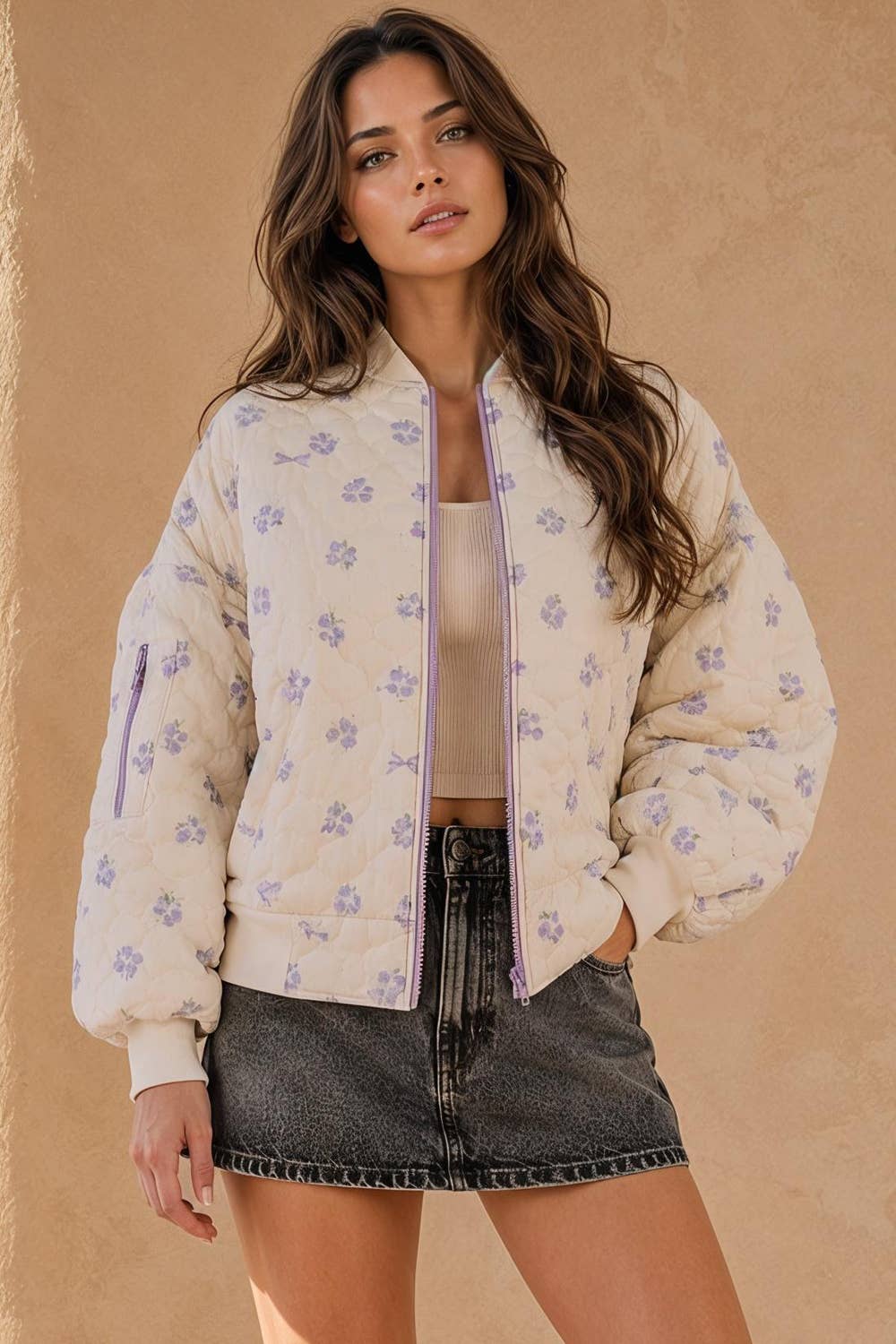 NJ90411-Floral Printed Quilted Oversized Casual Jacket
