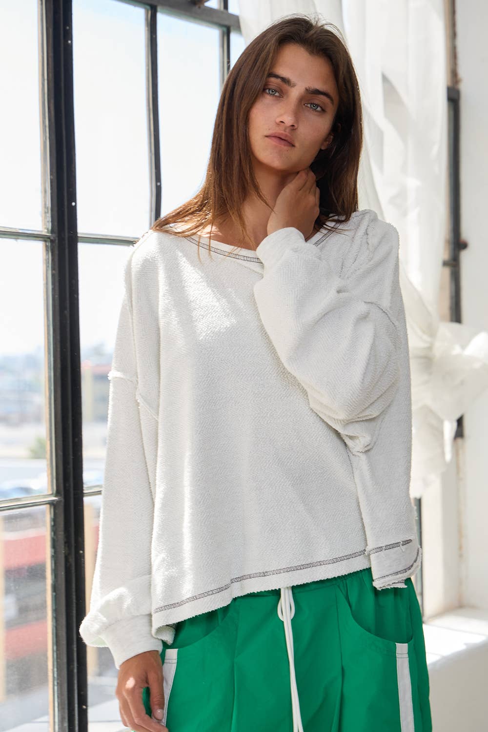 T2397 Overlap Open Back Oversize Fit Reverse Stitched Top