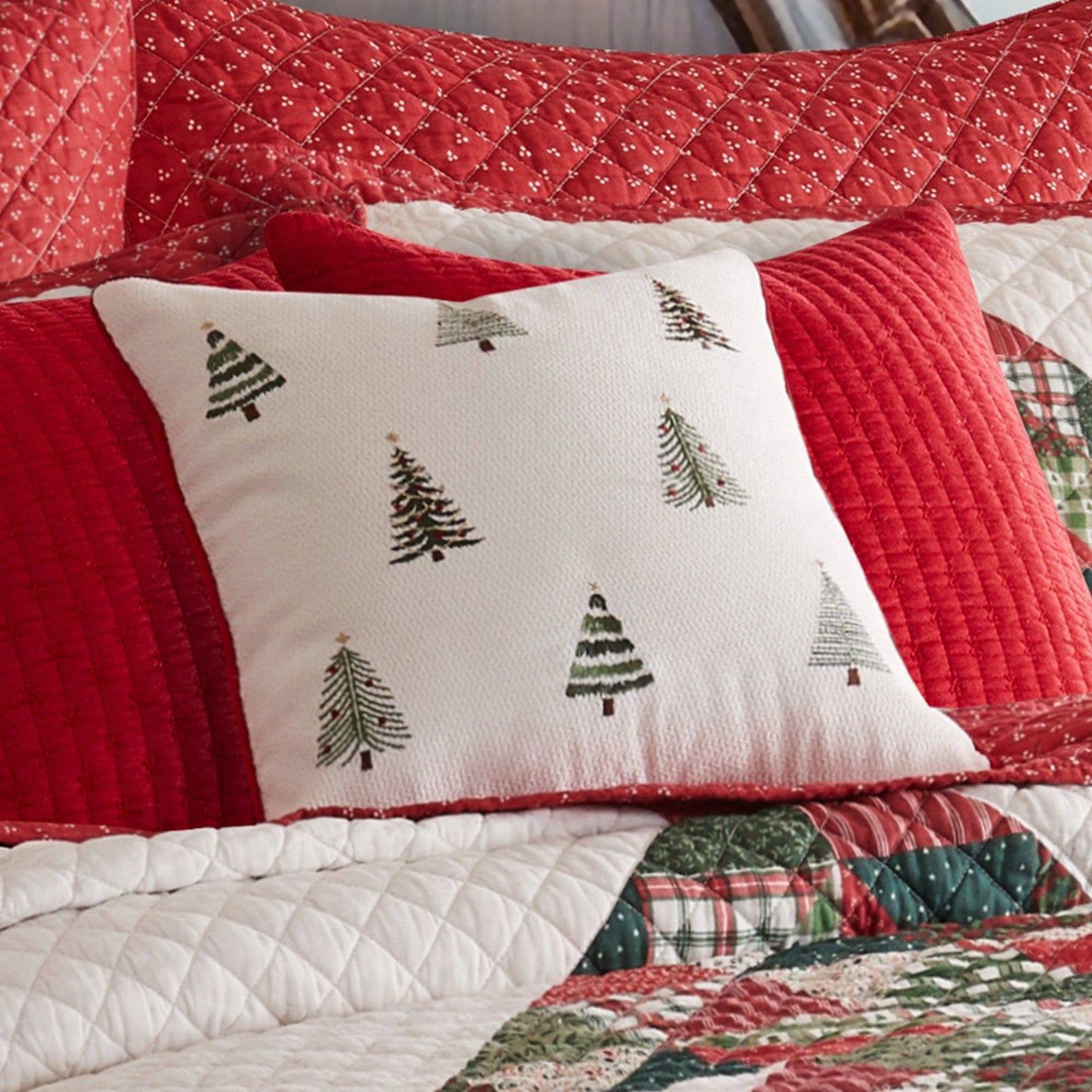 Patchwork Pine Embroidered Trees Throw Pillow