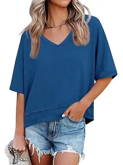 Loose Fit V Neck Short Sleeve Casual Tee