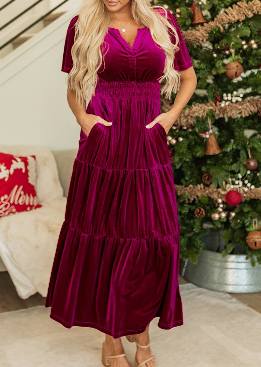 Velvet Short Sleeve Shirred Waist Tiered Maxi Dress