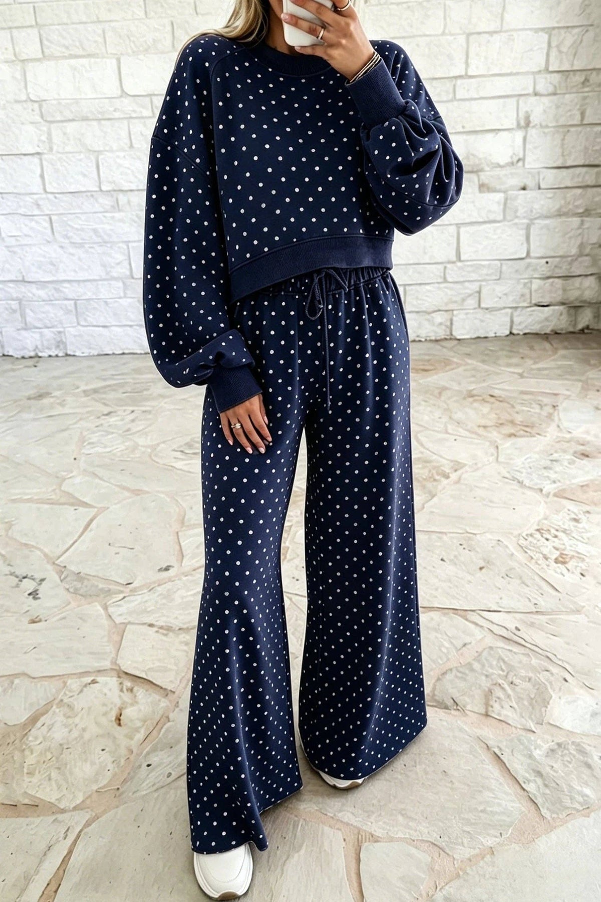 Polka Dot Drawstring Wide Leg Long Sleeve Top Pant Set