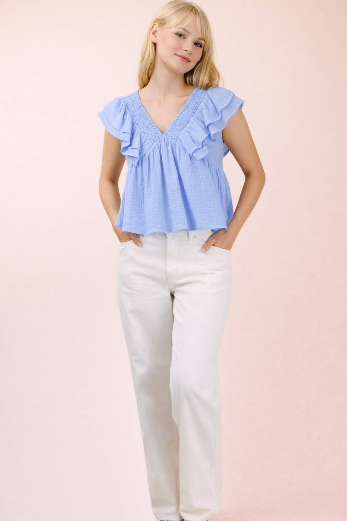 Smocking Detail Ruffle Sleeve Cotton Gauze Top