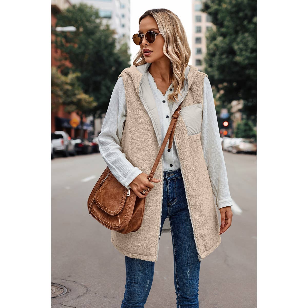 Faux Fur Strip Zipper Front Open Pockets Coat