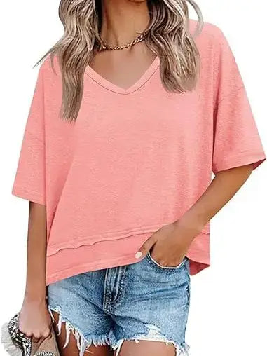 Loose Fit V Neck Short Sleeve Casual Tee