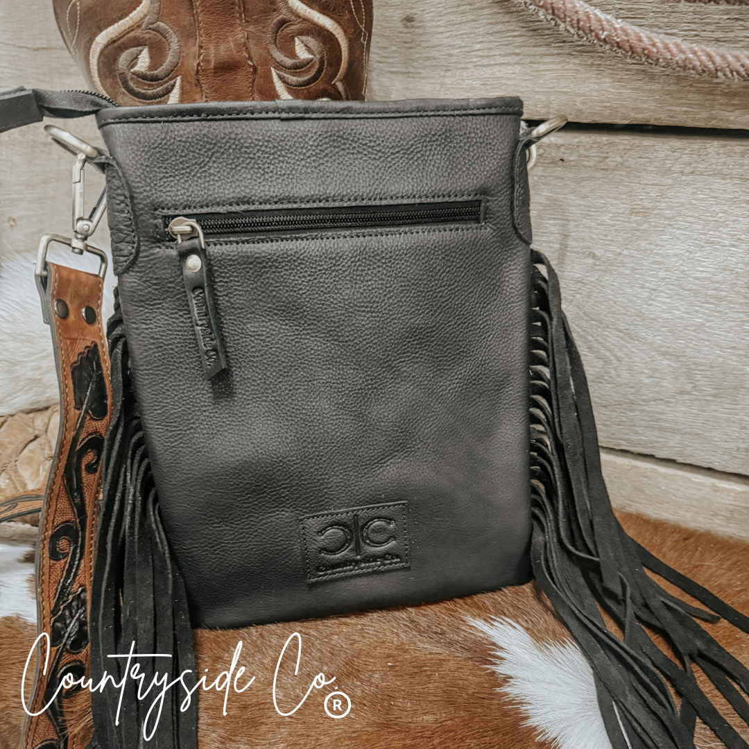 Stockyard Checkered Cowhide Fringe Purse, Black & White