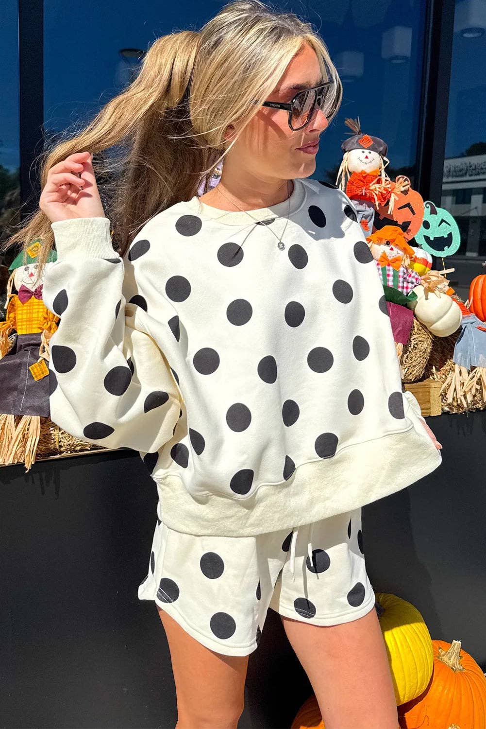 Polka Dot Drop Shoulder Pullover Shorts Set