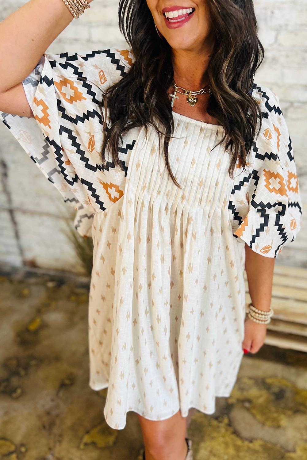 Beige Western Aztec Print Mini Dress