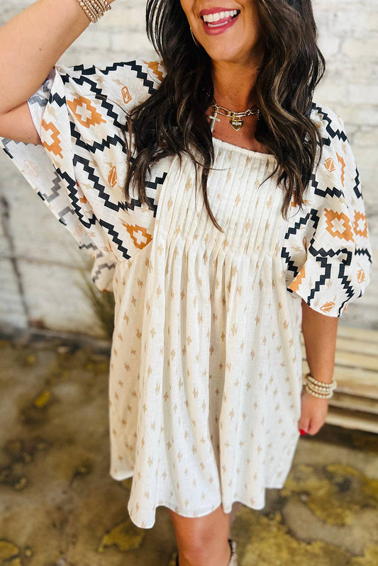 Beige Western Aztec Print Mini Dress